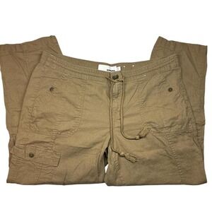 SONOMA Womens Cargo Straight Leg Pants Tan Linen Cotton Drawstring Cropped Sz 16